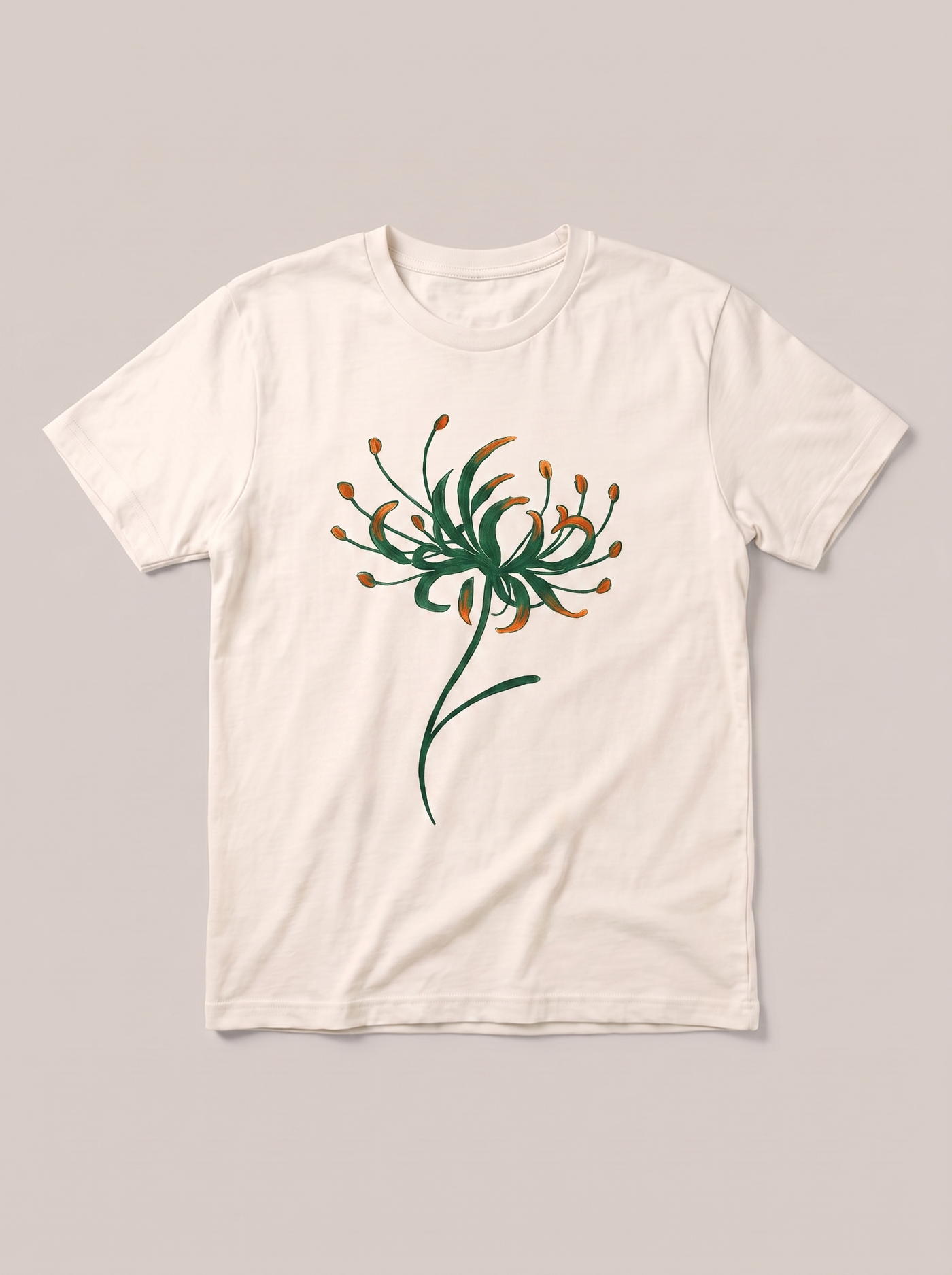 Red Spider Lily Nature White T-Shirt - Off-White Shirt / Color Theory Design hand-painted flat-lay replacement