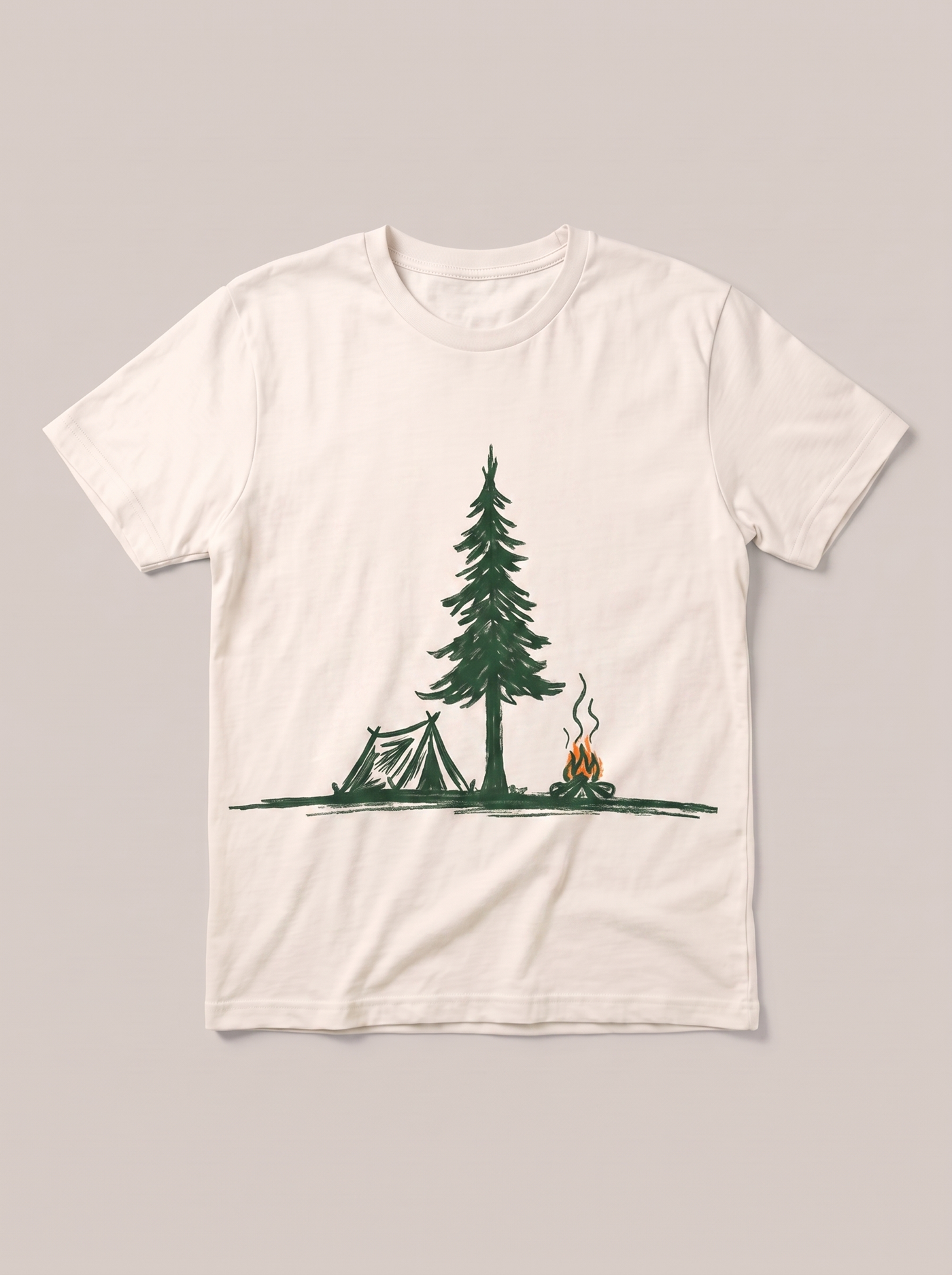 Campfire Pine Nature White T-Shirt - Off-White Shirt / Color Theory Design hand-painted flat-lay replacement