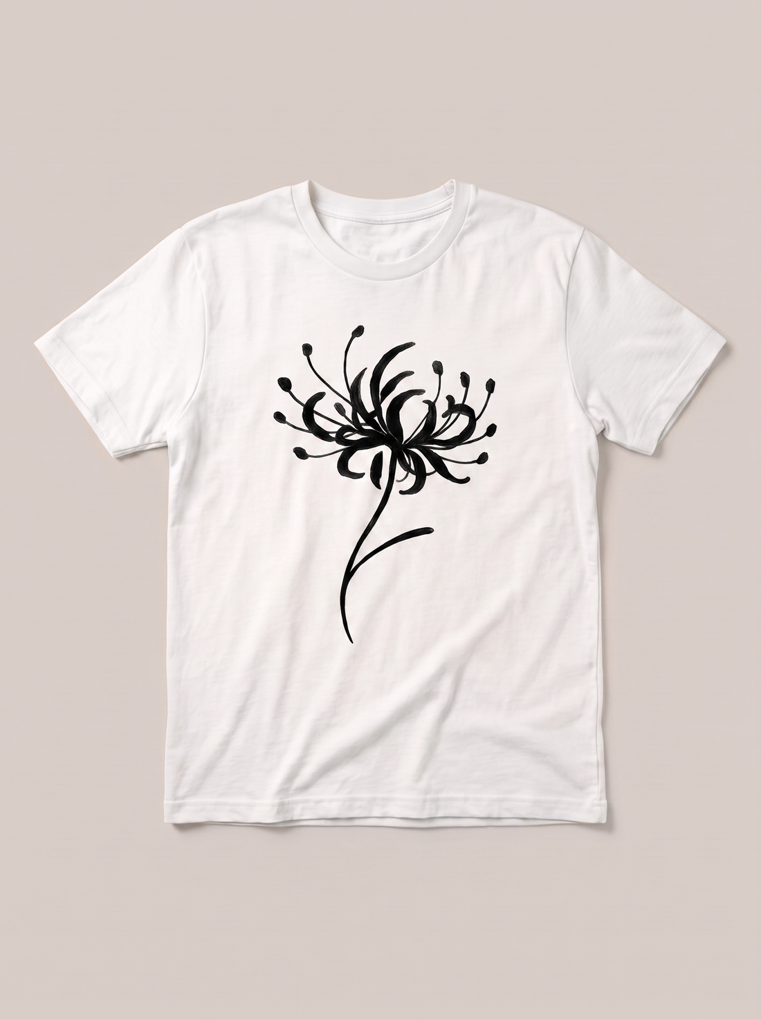 Red Spider Lily Nature White T-Shirt - White Shirt / Black Design hand-painted flat-lay replacement