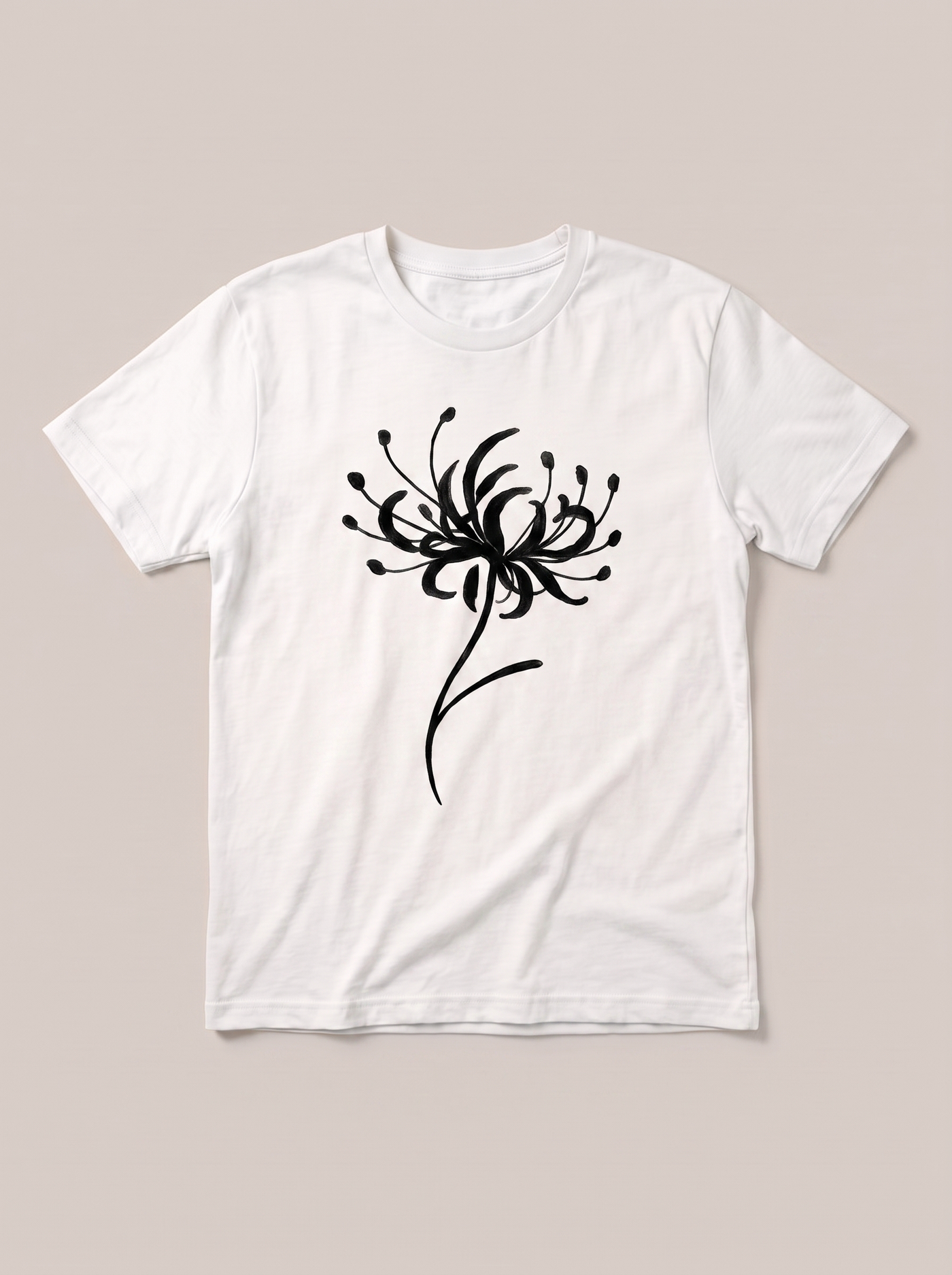 Red Spider Lily Nature White T-Shirt - White Shirt / Black Design hand-painted flat-lay replacement