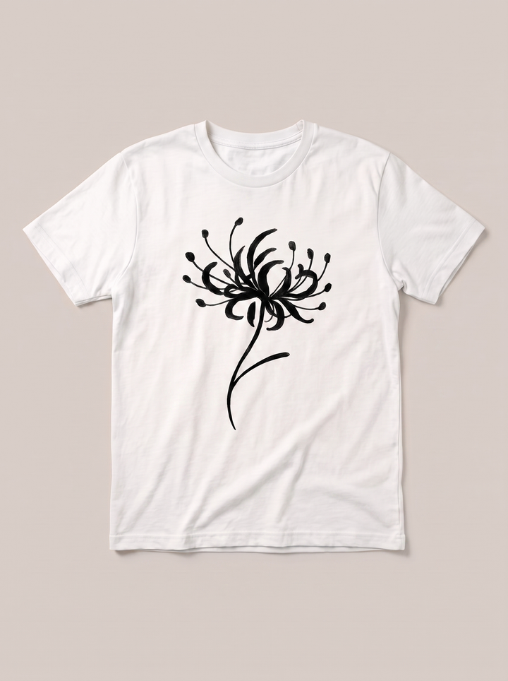 Red Spider Lily Nature White T-Shirt - White Shirt / Black Design hand-painted flat-lay replacement