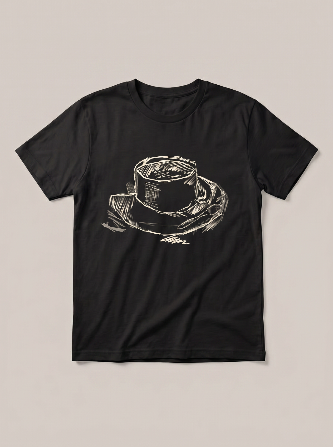 Coffee Cup Sketch T-Shirt - Black Shirt / White Design hand-painted flat-lay mockup