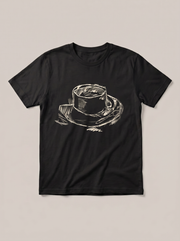 Coffee Cup Sketch T-Shirt - Black Shirt / White Design hand-painted flat-lay mockup