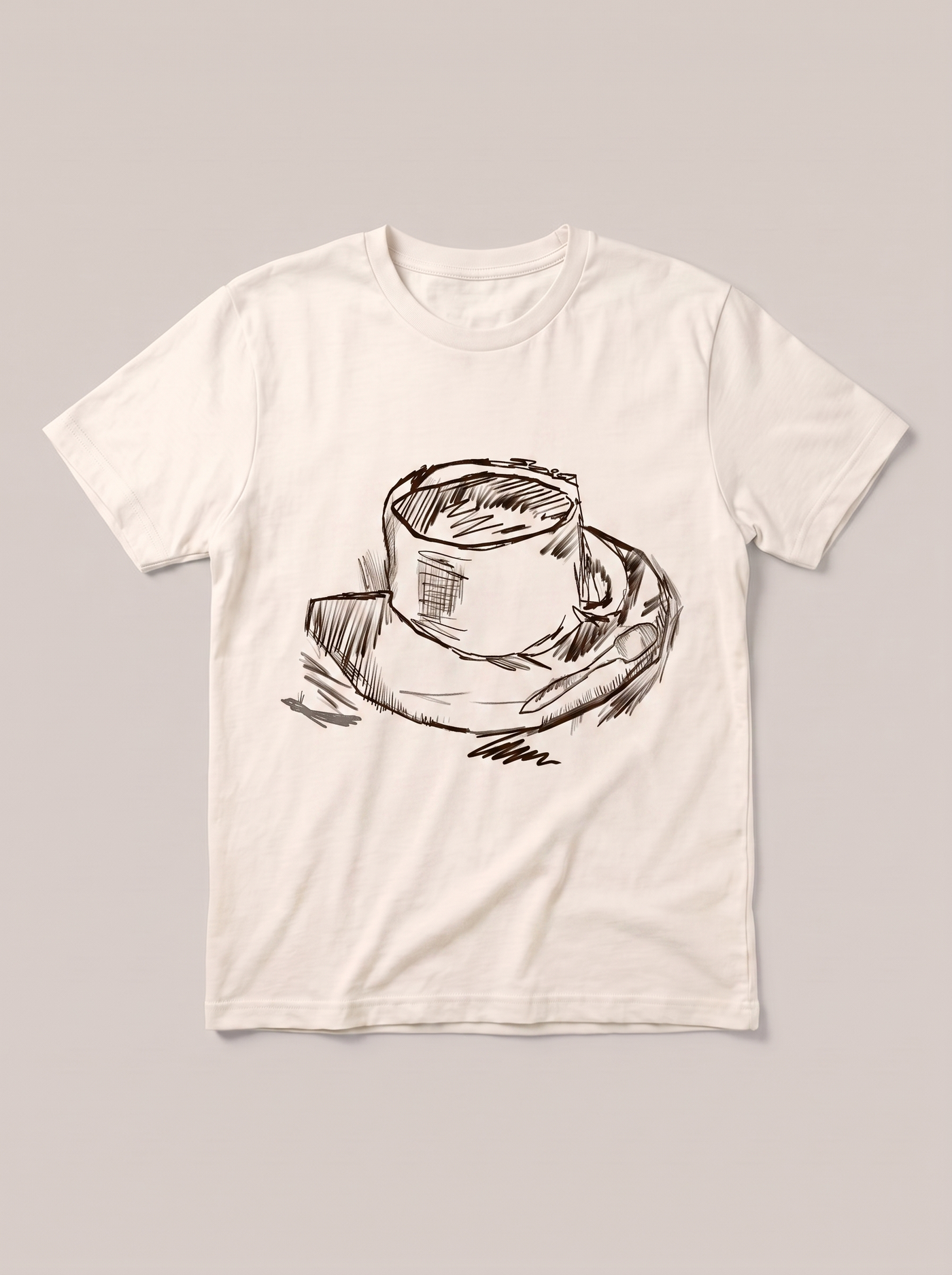 Coffee Cup Sketch T-Shirt - Off-White Shirt / Color Theory Design hand-painted flat-lay mockup