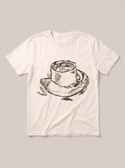 Coffee Cup Sketch T-Shirt - Off-White Shirt / Color Theory Design hand-painted flat-lay mockup