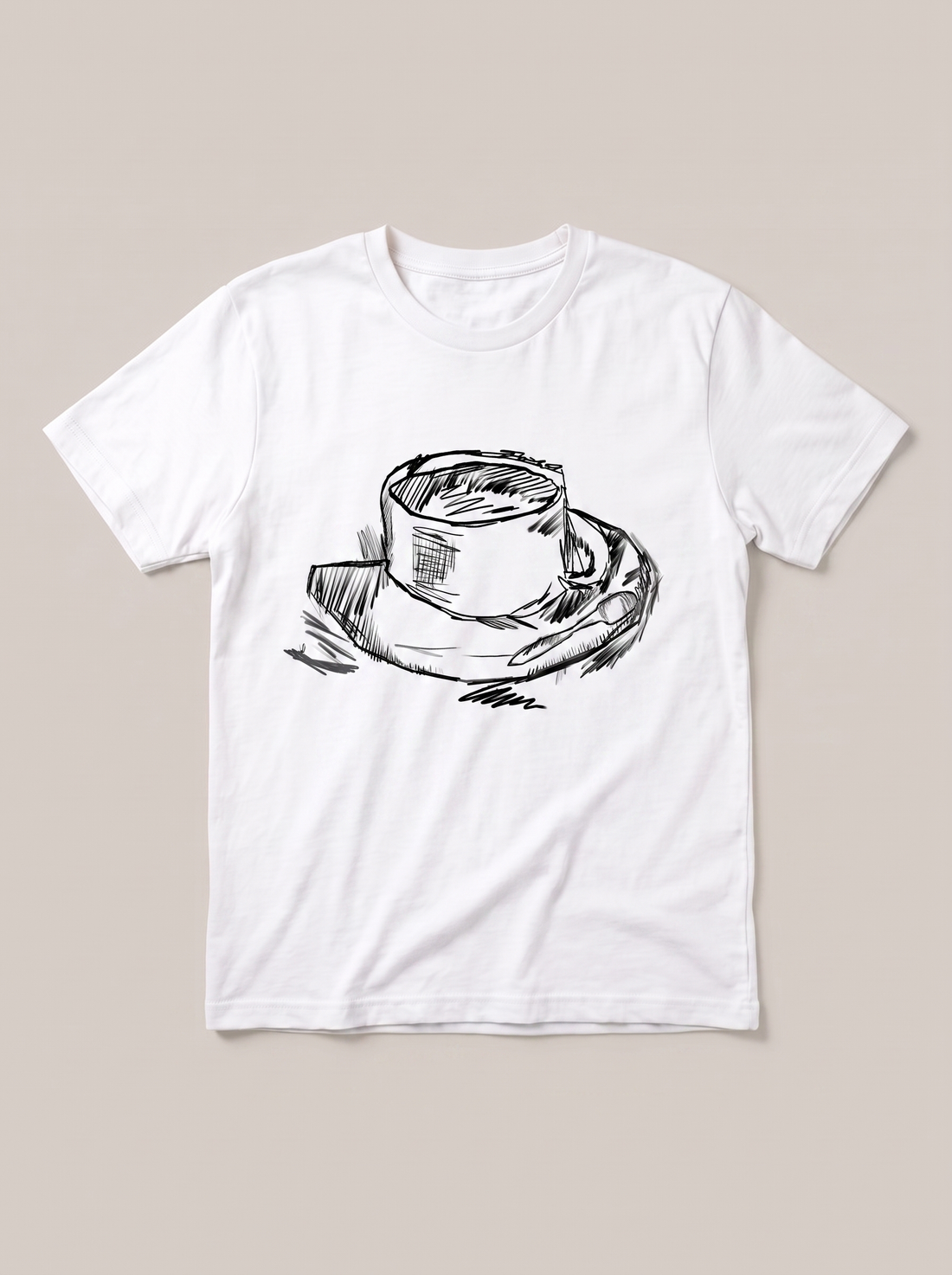 Coffee Cup Sketch T-Shirt - White Shirt / Black Design hand-painted flat-lay mockup