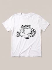 Coffee Cup Sketch T-Shirt - White Shirt / Black Design hand-painted flat-lay mockup