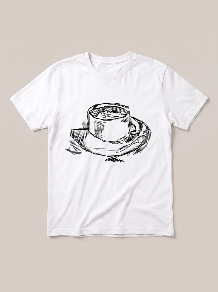 Coffee Cup Sketch T-Shirt - White Shirt / Black Design hand-painted flat-lay mockup