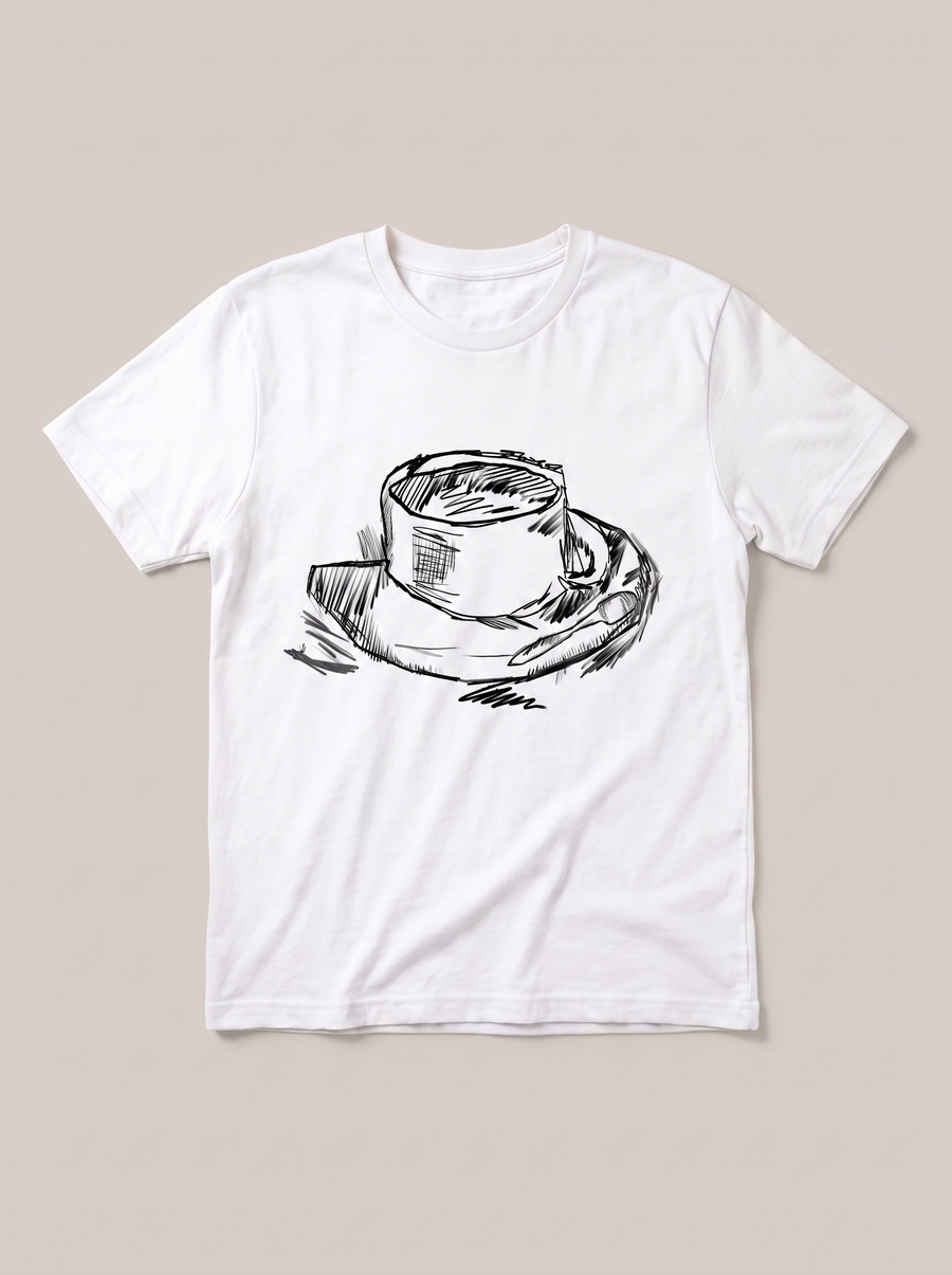 Coffee Cup Sketch T-Shirt - White Shirt / Black Design hand-painted flat-lay mockup