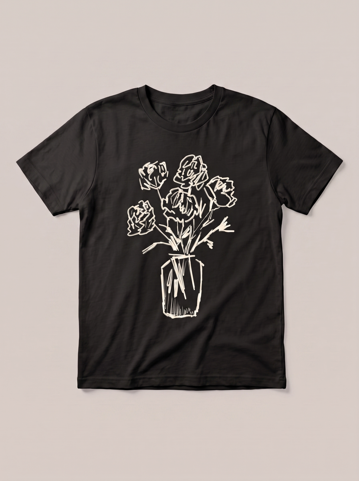 Flower Vase Sketch T-Shirt - Black Shirt / White Design hand-painted flat-lay mockup