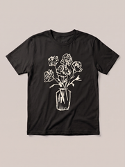 Flower Vase Sketch T-Shirt - Black Shirt / White Design hand-painted flat-lay mockup