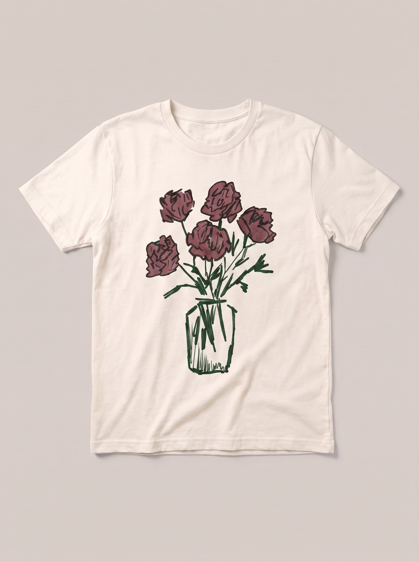 Flower Vase Sketch T-Shirt - Off-White Shirt / Color Theory Design hand-painted flat-lay mockup