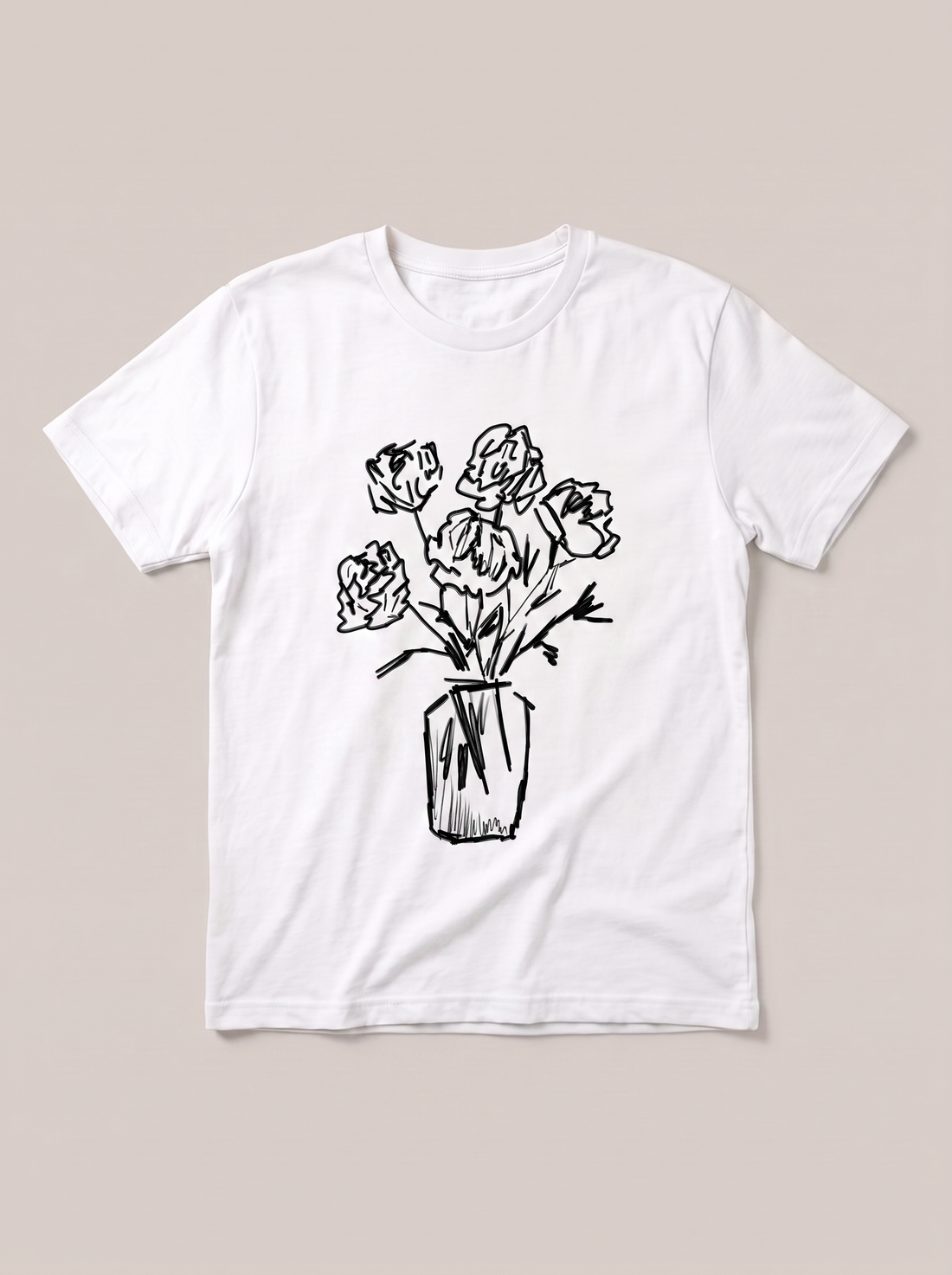 Flower Vase Sketch T-Shirt - White Shirt / Black Design hand-painted flat-lay mockup
