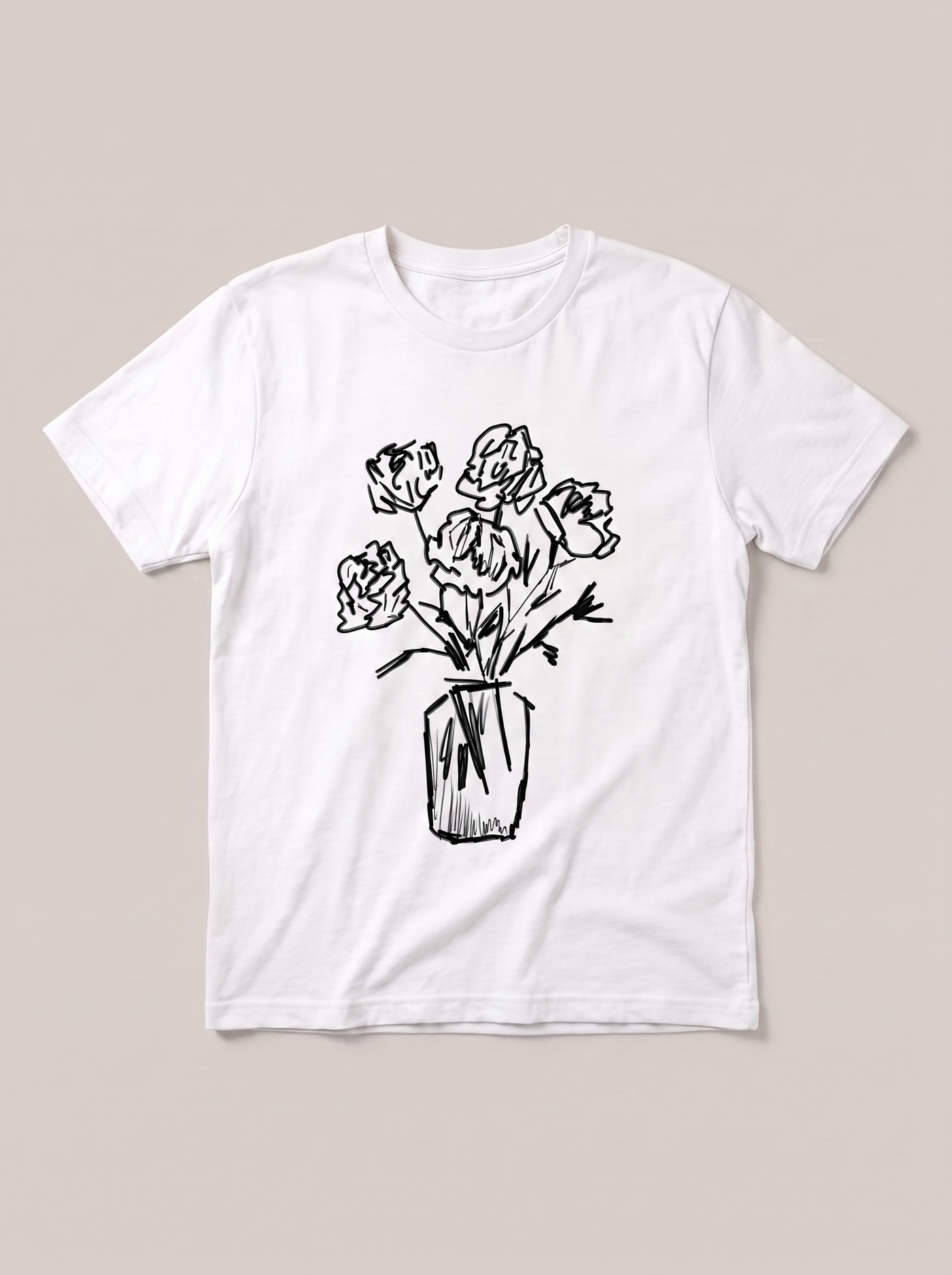 Flower Vase Sketch T-Shirt - White Shirt / Black Design hand-painted flat-lay mockup