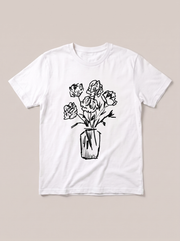Flower Vase Sketch T-Shirt - White Shirt / Black Design hand-painted flat-lay mockup