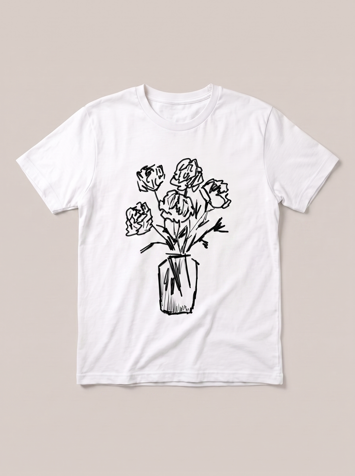 Flower Vase Sketch T-Shirt - White Shirt / Black Design hand-painted flat-lay mockup