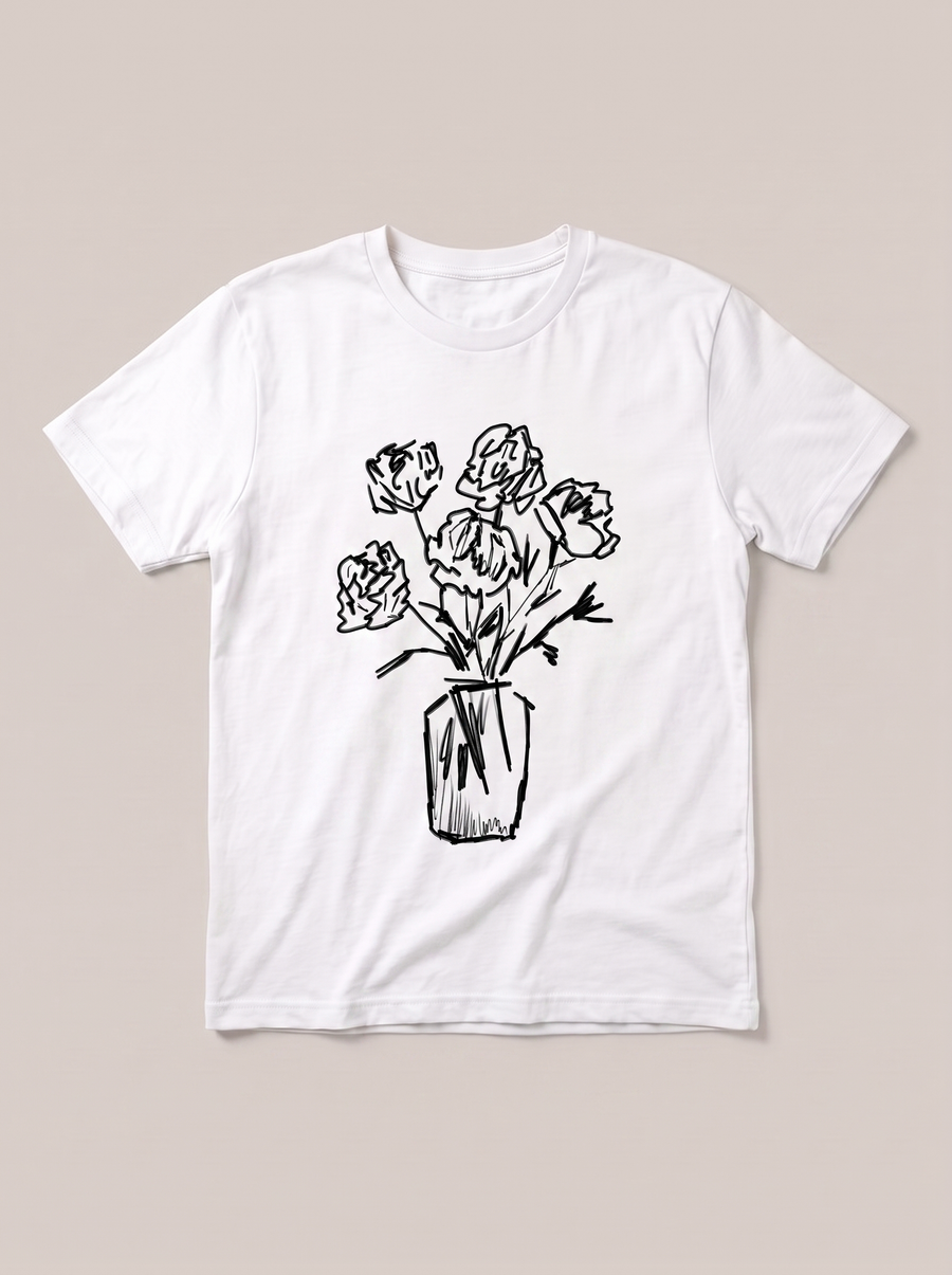 Flower Vase Sketch T-Shirt - White Shirt / Black Design hand-painted flat-lay mockup