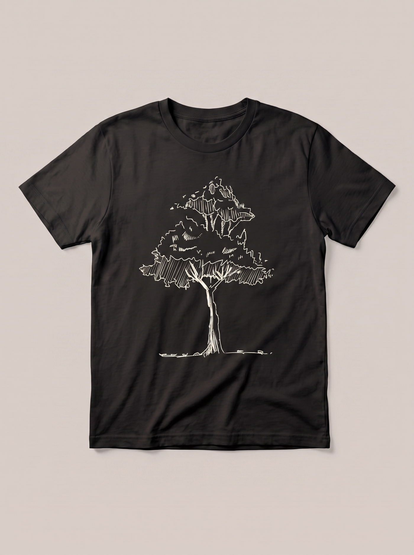 Lone Tree Nature T-Shirt - Black Shirt / White Design hand-painted flat-lay mockup