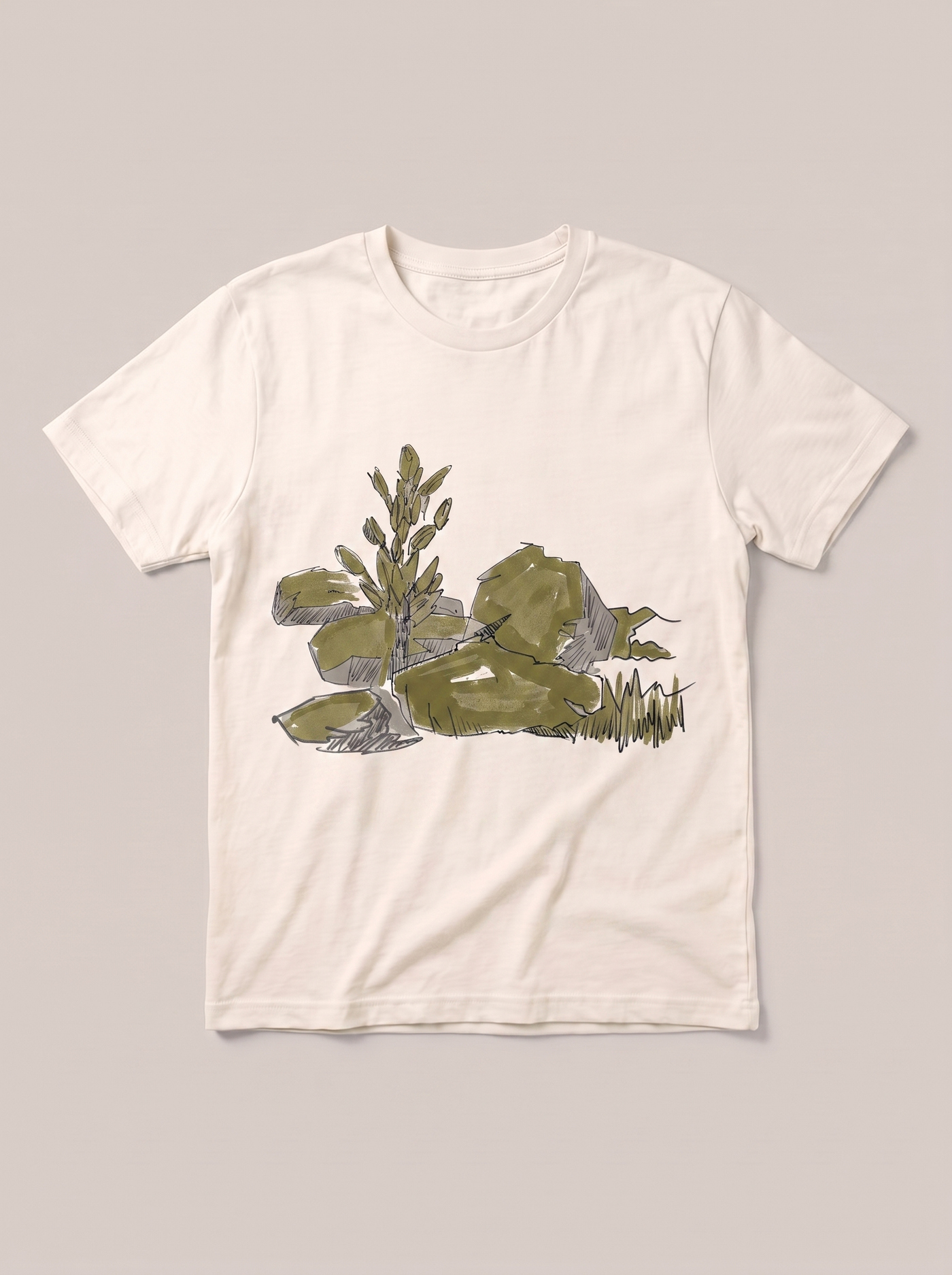 Marsh Grass Landscape T-Shirt - Off-White Shirt / Color Theory Design hand-painted flat-lay mockup