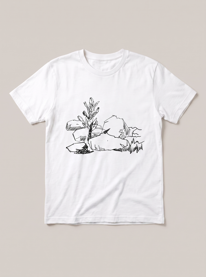Marsh Grass Landscape T-Shirt - White Shirt / Black Design hand-painted flat-lay mockup