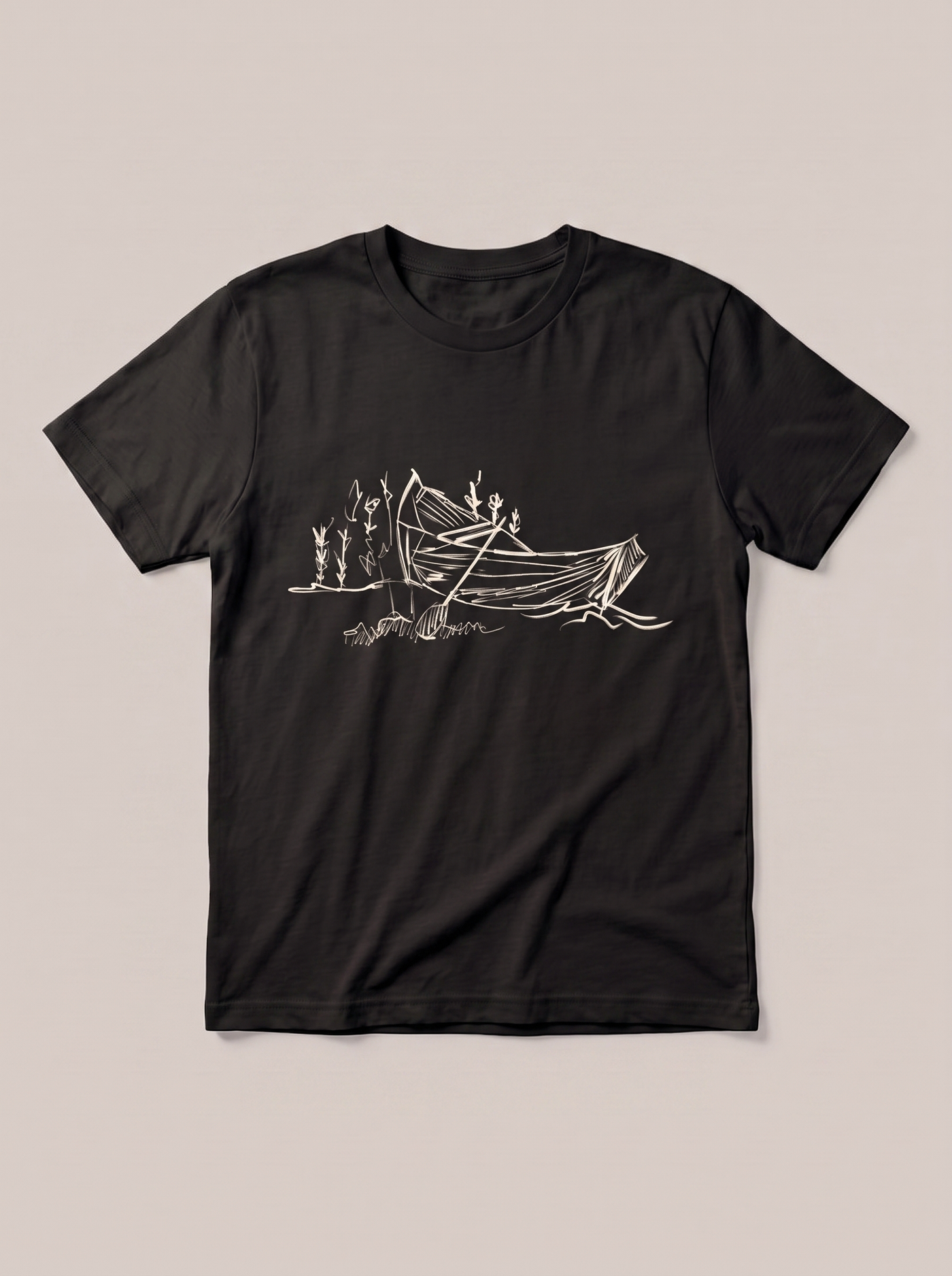 Quiet Boat Nature T-Shirt - Black Shirt / White Design hand-painted flat-lay mockup