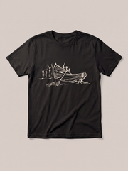 Quiet Boat Nature T-Shirt - Black Shirt / White Design hand-painted flat-lay mockup