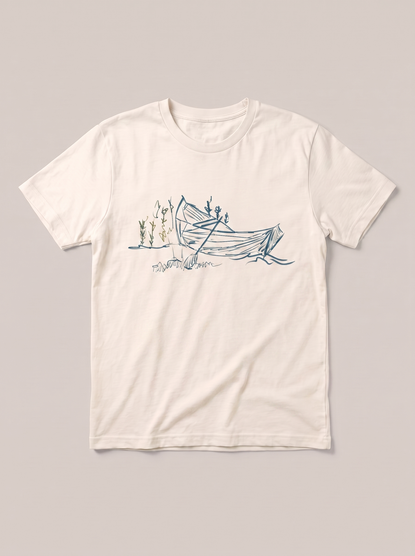 Quiet Boat Nature T-Shirt - Off-White Shirt / Color Theory Design hand-painted flat-lay mockup