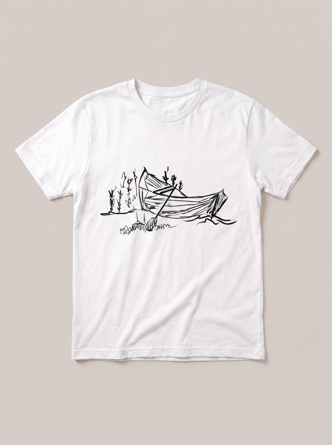 Quiet Boat Nature T-Shirt - White Shirt / Black Design hand-painted flat-lay mockup