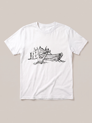 Quiet Boat Nature T-Shirt - White Shirt / Black Design hand-painted flat-lay mockup
