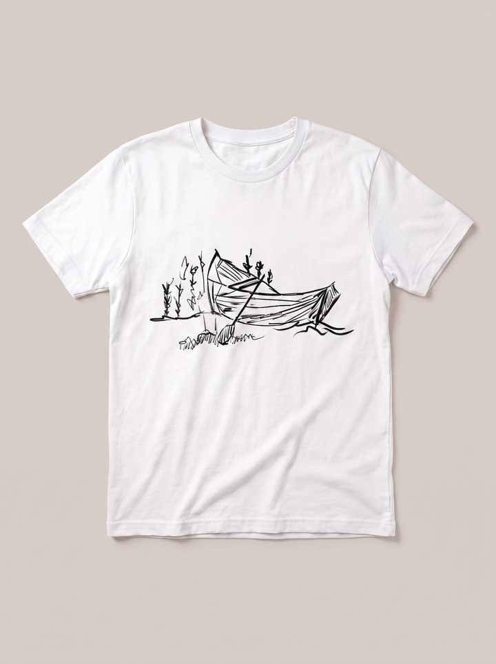 Quiet Boat Nature T-Shirt - White Shirt / Black Design hand-painted flat-lay mockup