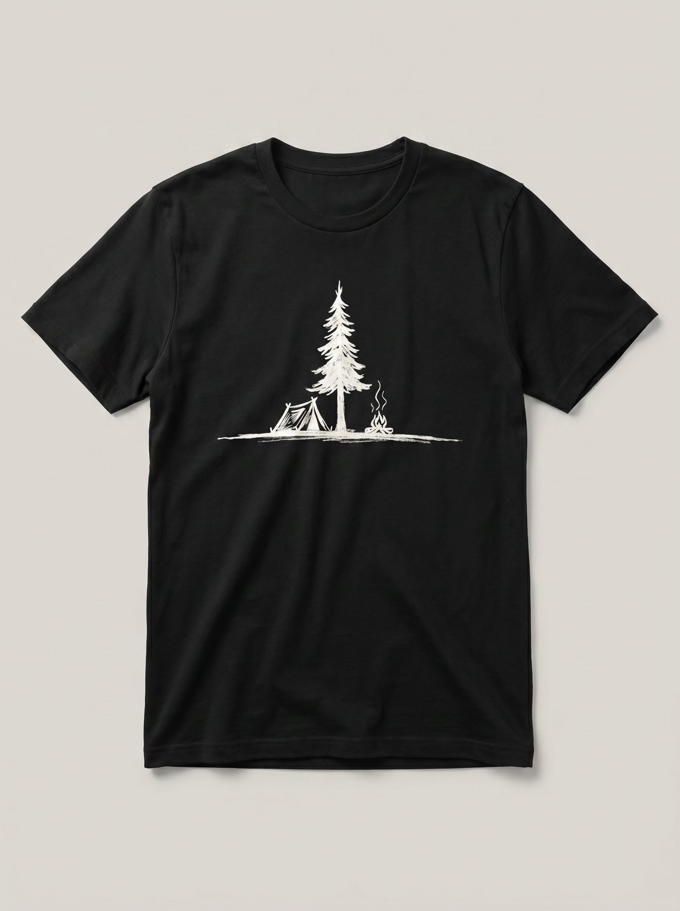 Campfire Pine Nature White T-Shirt - Black Shirt / White Design hand-painted flat-lay replacement
