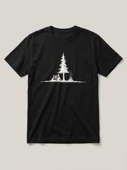Campfire Pine Nature White T-Shirt - Black Shirt / White Design hand-painted flat-lay replacement