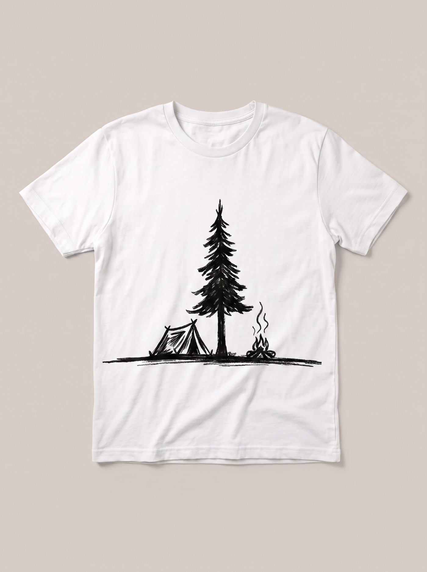 Campfire Pine Nature White T-Shirt - White Shirt / Black Design hand-painted flat-lay replacement