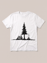 Campfire Pine Nature White T-Shirt - White Shirt / Black Design hand-painted flat-lay replacement