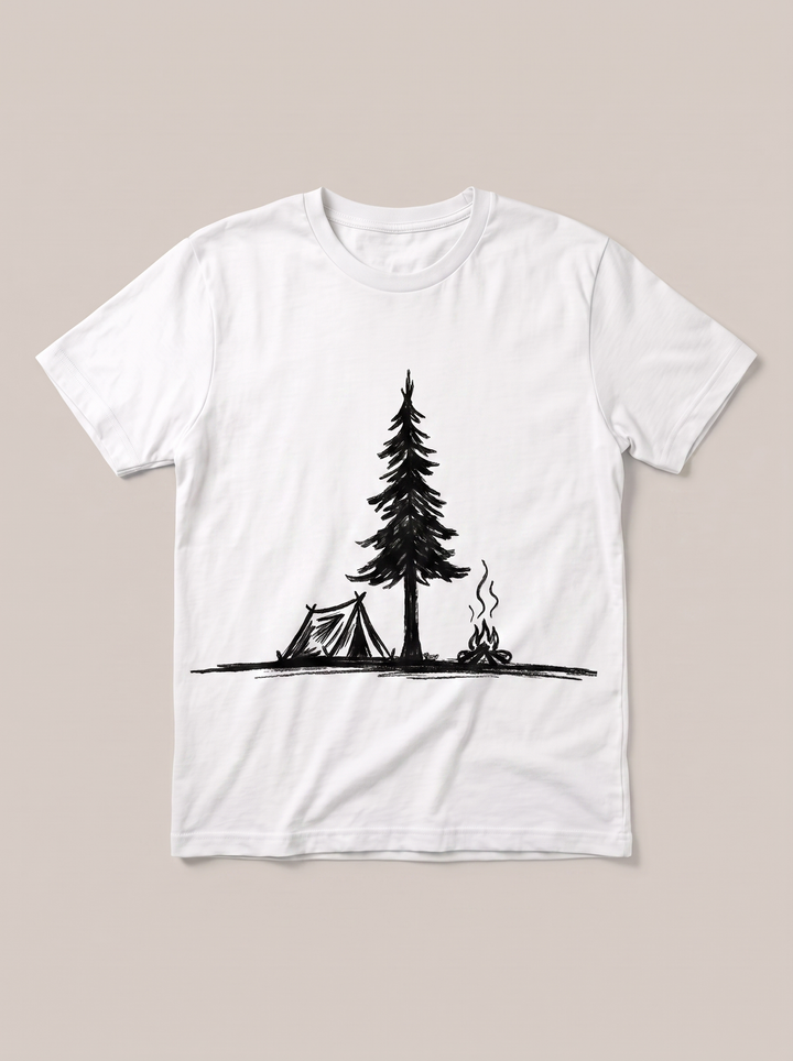 Campfire Pine Nature White T-Shirt - White Shirt / Black Design hand-painted flat-lay replacement