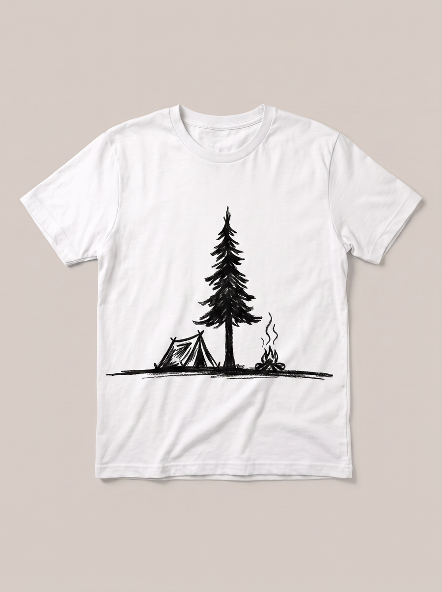 Campfire Pine Nature White T-Shirt - White Shirt / Black Design hand-painted flat-lay replacement