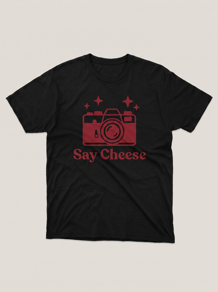Say Cheese Camera Symbol Black T-Shirt - Deep Red variant product mockup