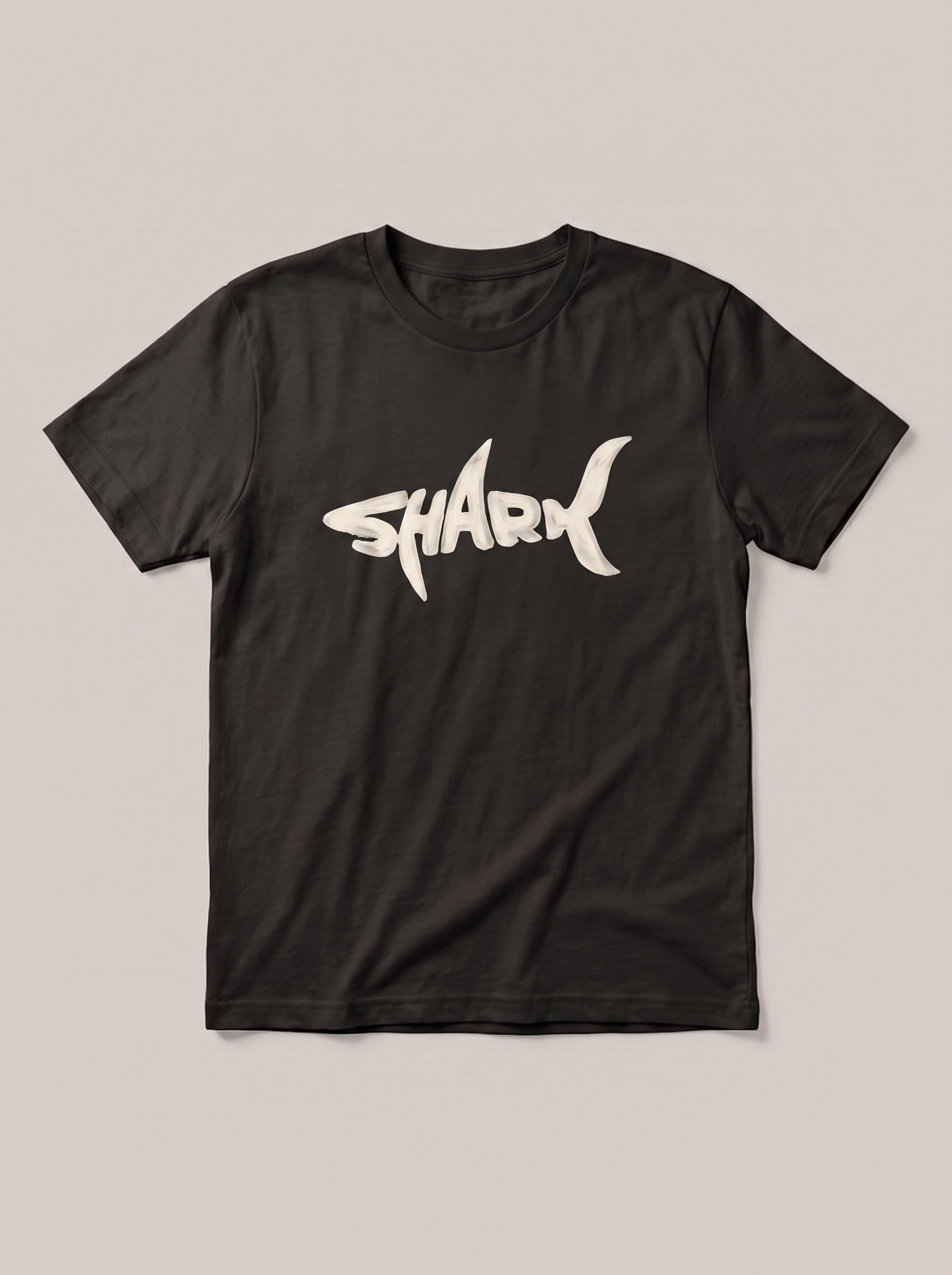 Shark Wordmark White T-Shirt - Black Shirt / White Design hand-painted flat-lay replacement