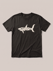 Shark Wordmark White T-Shirt - Black Shirt / White Design hand-painted flat-lay replacement