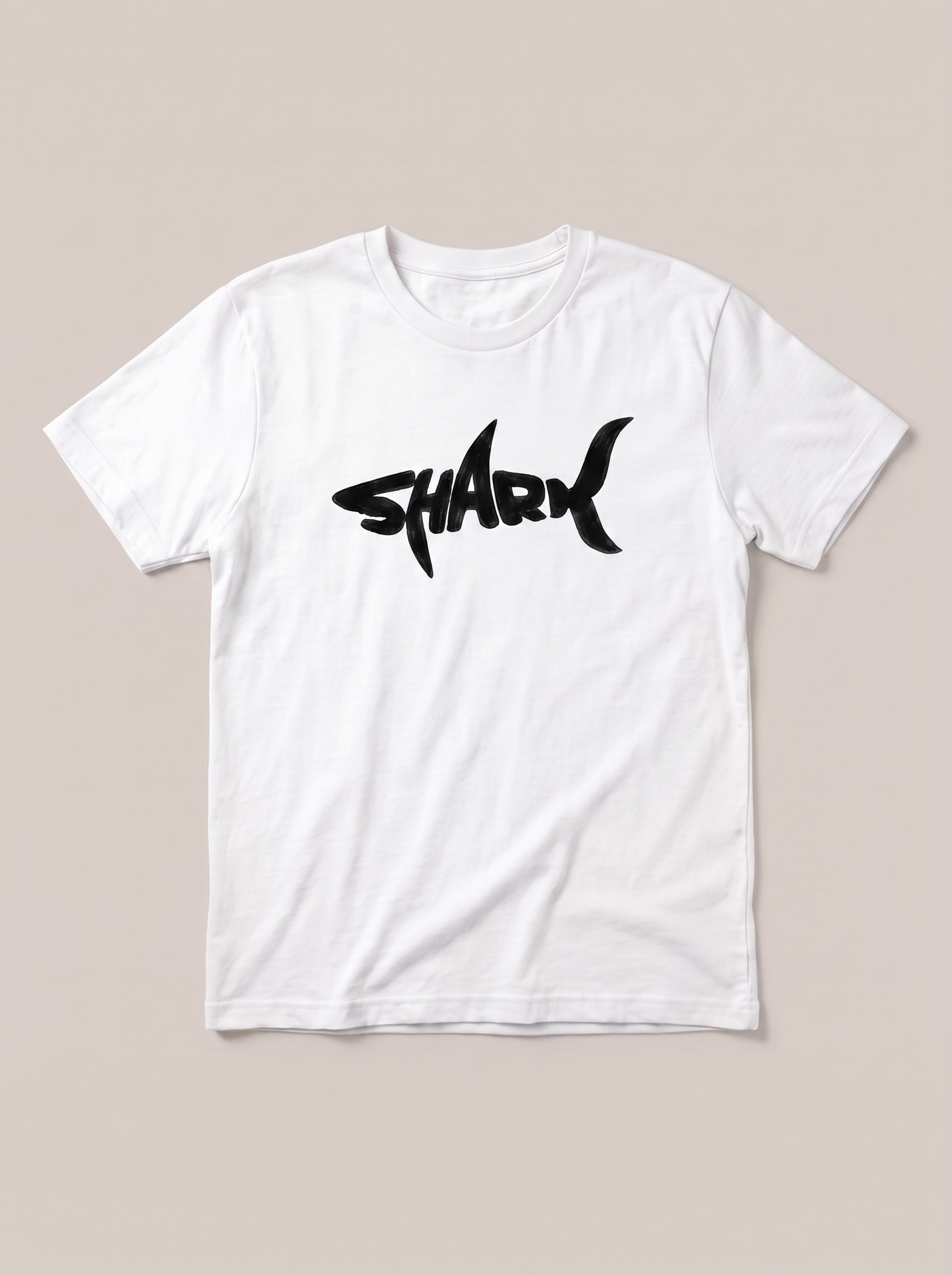 Shark Wordmark White T-Shirt - White Shirt / Black Design hand-painted flat-lay replacement