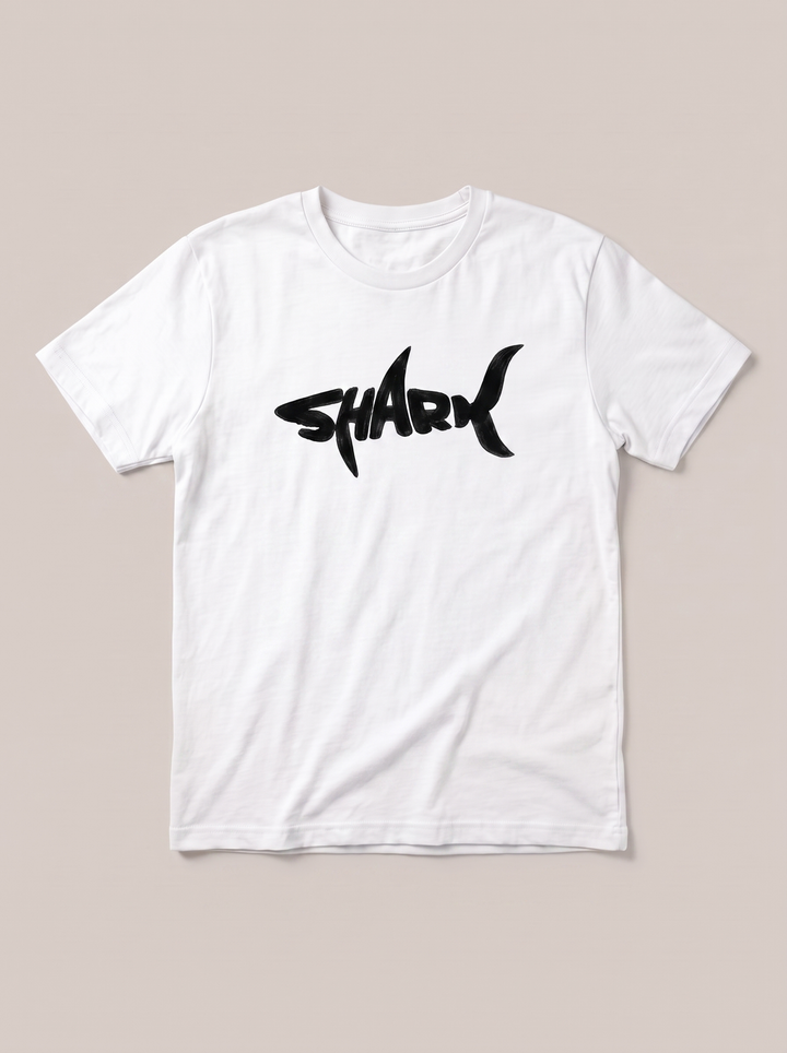 Shark Wordmark White T-Shirt - White Shirt / Black Design hand-painted flat-lay replacement