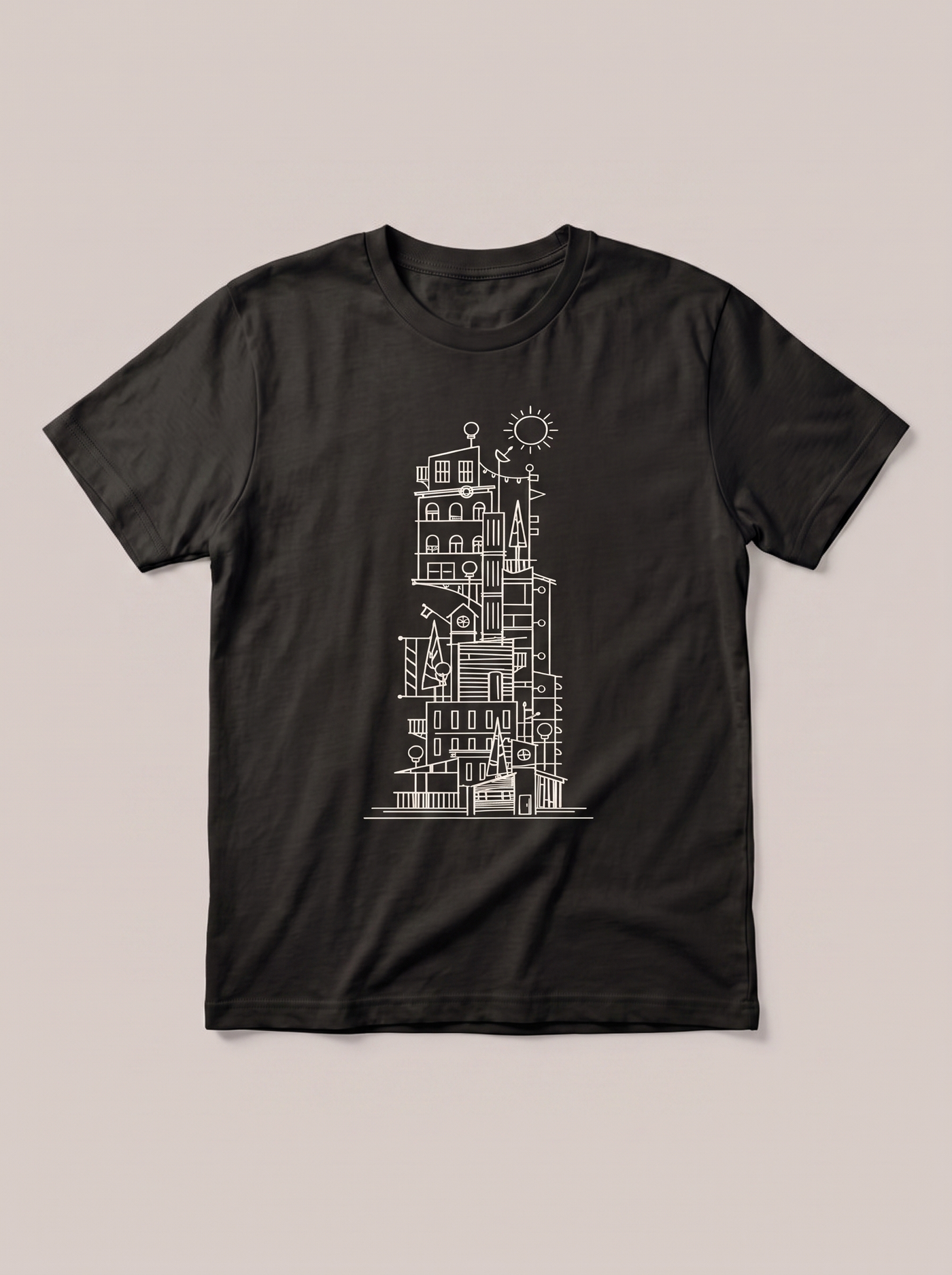 Stacked City Line Art Urban White T-Shirt - Black Shirt / White Design hand-painted flat-lay replacement