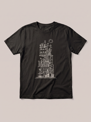 Stacked City Line Art Urban White T-Shirt - Black Shirt / White Design hand-painted flat-lay replacement
