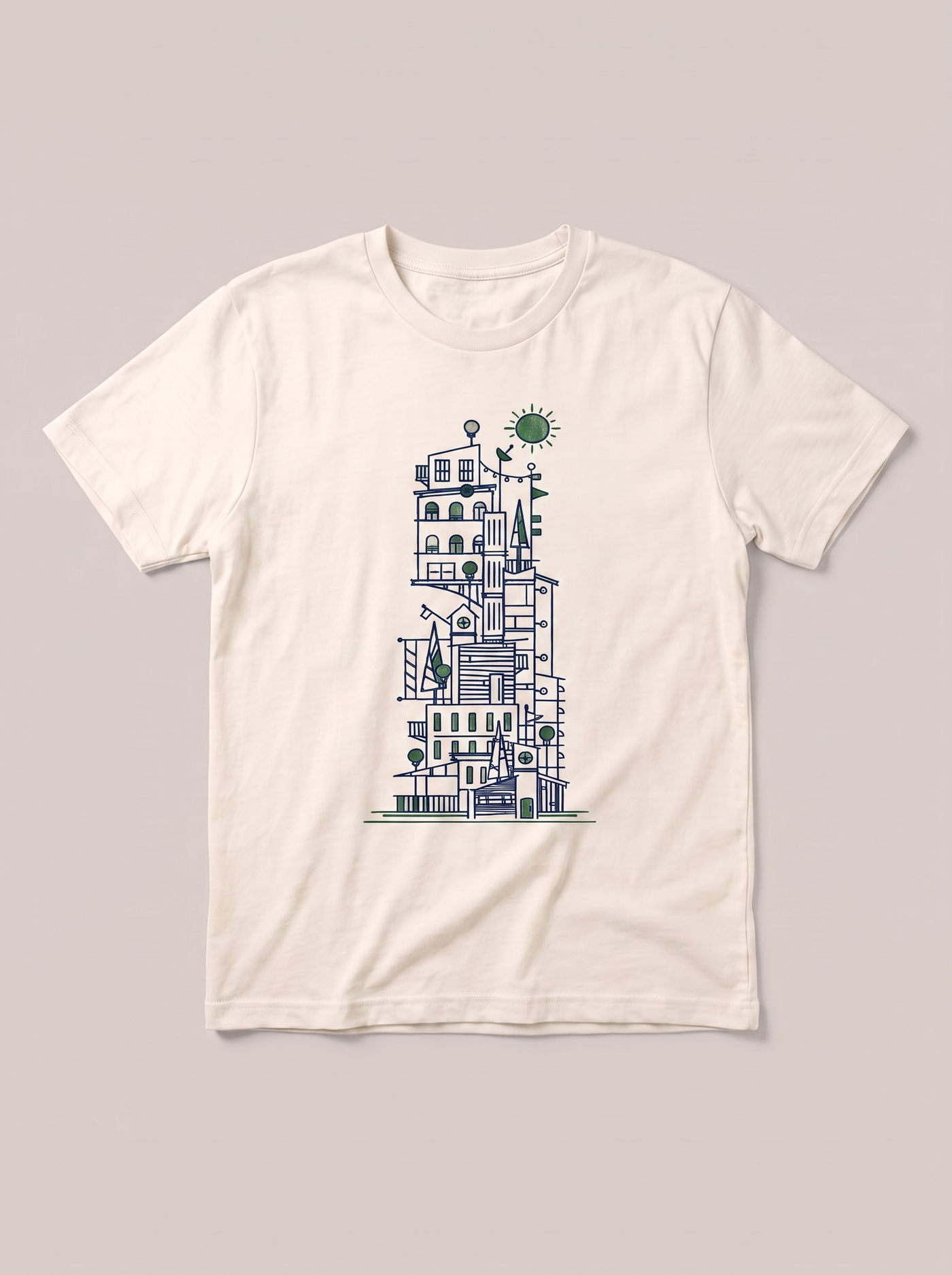 Stacked City Line Art Urban White T-Shirt - Off-White Shirt / Color Theory Design hand-painted flat-lay replacement