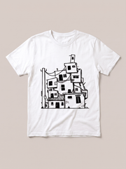 Stacked City Line Art Urban White T-Shirt - White Shirt / Black Design hand-painted flat-lay replacement