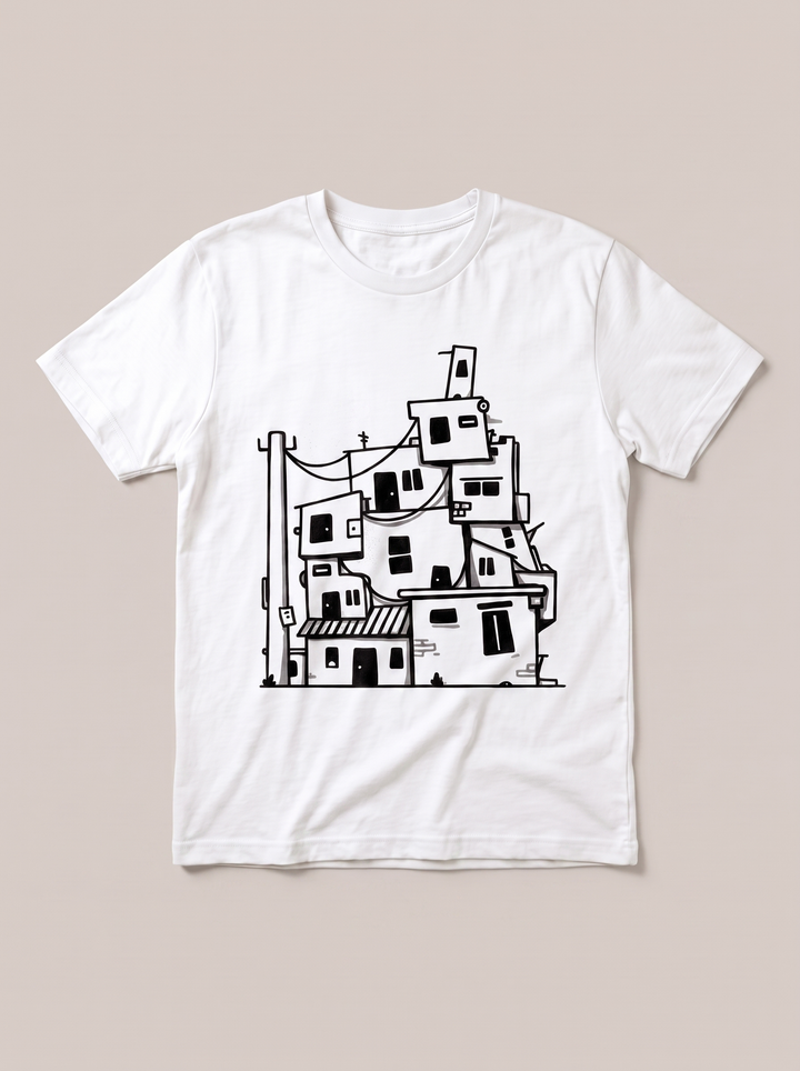 Stacked City Line Art Urban White T-Shirt - White Shirt / Black Design hand-painted flat-lay replacement