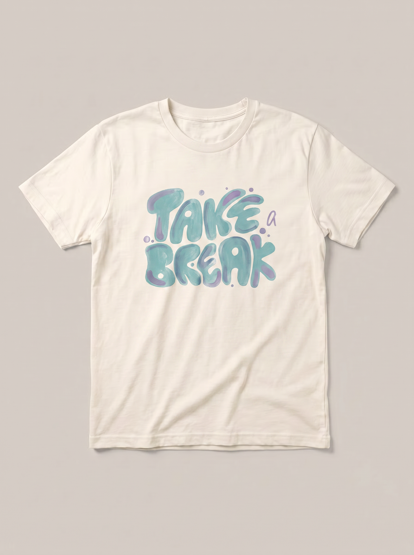 Take A Break Bubble Letter White T-Shirt - Off-White Shirt / Color Theory Design hand-painted flat-lay replacement