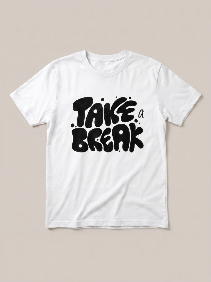 Take A Break Bubble Letter White T-Shirt - White Shirt / Black Design hand-painted flat-lay replacement