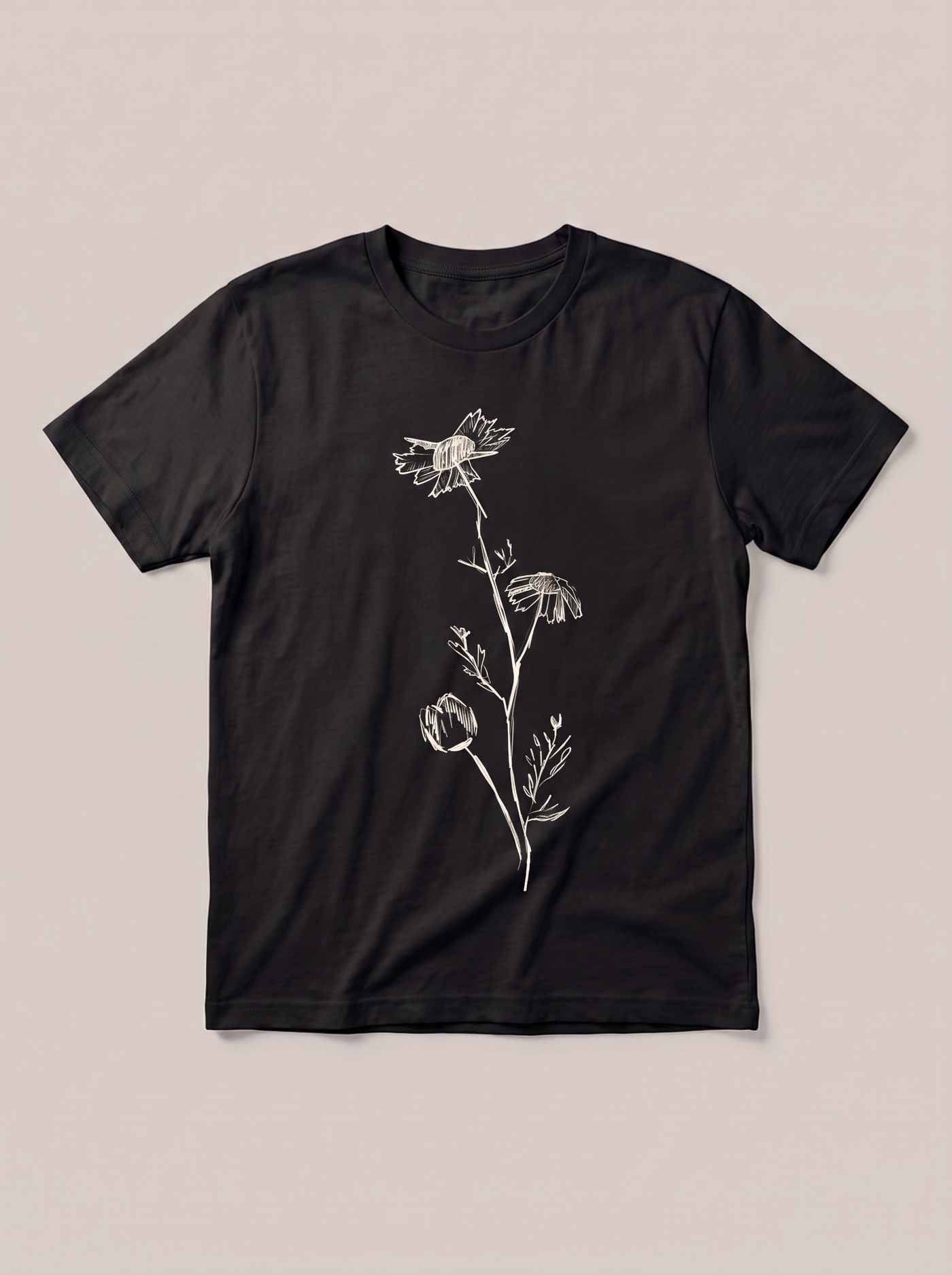 Tall Wildflower Frame T-Shirt - Black Shirt / White Design hand-painted flat-lay mockup