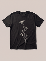 Tall Wildflower Frame T-Shirt - Black Shirt / White Design hand-painted flat-lay mockup
